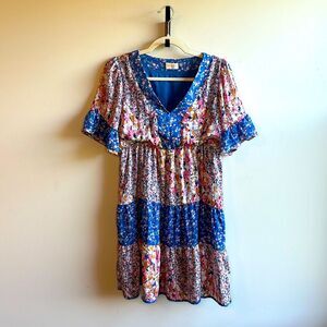 Hailey & Co Floral Color Block Blue and Pink A-Line Tiered Dress Small Shimmer